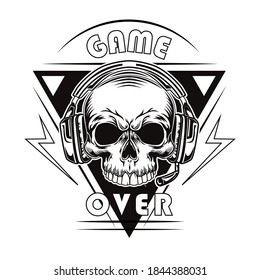 Black game over badge vector illustration. Vintage dead head or skull of gamer in headphones. Videogame and computer tournament concept can be used for retro template, banner or poster