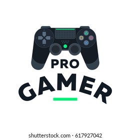 Black gamepad controller joystick. Pro gamer vector flat illustration icon. Video game. Console for video game sticker print.