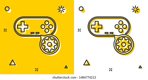 Black Gamepad and gear icon isolated on yellow and white background. Adjusting app, service concept, setting options, maintenance, repair, fixing. Random dynamic shapes. Vector Illustration