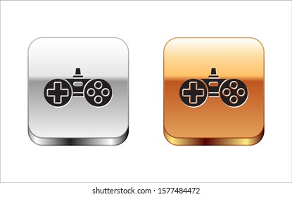 Black Gamepad icon isolated on white background. Game controller. Silver-gold square button. Vector Illustration