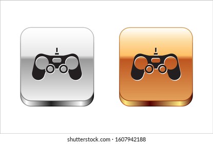 Black Gamepad icon isolated on white background. Game controller. Silver-gold square button. Vector Illustration