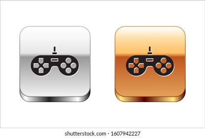 Black Gamepad icon isolated on white background. Game controller. Silver-gold square button. Vector Illustration