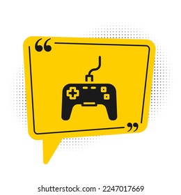 Icono de Gamepad negro aislado en fondo blanco. Controlador de juego. Símbolo amarillo de burbuja de habla. Vector