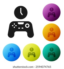 Black Gamepad of time icon isolated on white background. Time to play games. Game controller. Set icons in color circle buttons. Vector