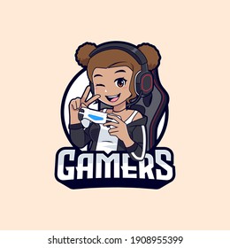 Black gamer girl character esport logo, Dark skin streamer girl cartoon