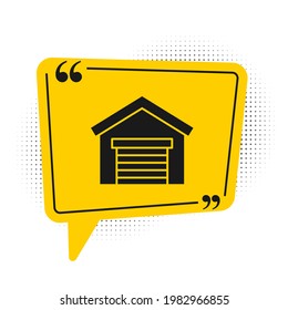 Black Garage icon isolated on white background. Yellow speech bubble symbol. Vector Illustration