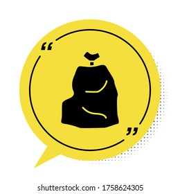Black Garbage bag icon isolated on white background. Yellow speech bubble symbol. Vector Illustration