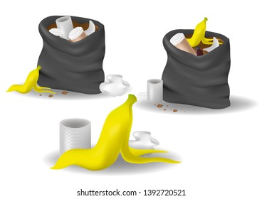 Black garbage bag open with plastic and food waste.