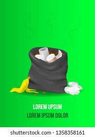 Black garbage bag open. sack Rubbish. sackful trash. litter