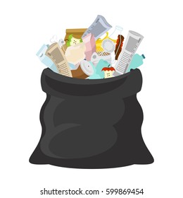 Black garbage bag open. sack Rubbish. sackful trash. litter. peel from banana and stub. Tin and old newspaper. Bone and packaging. Crumpled paper and plastic bottle