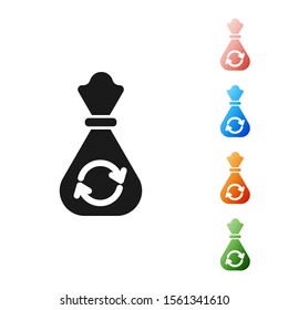 Black Garbage bag with recycle symbol icon isolated on white background. Trash can icon. Recycle basket sign. Set icons colorful. Vector Illustration