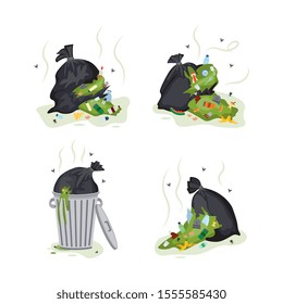 Black garbage bag set with dirty green garbage spilling out. Isolated trash can and plastic bags filled with litter like cans and bottles - flat cartoon vector illustration