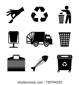 Black garbage track and trash bins, recycle sign icons, vector illustration