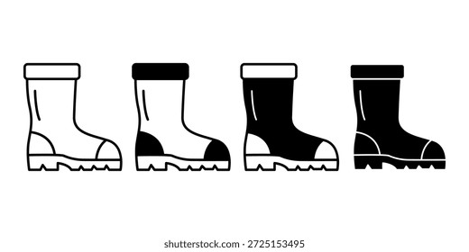 Black garden boots icon bundle representing protective footwear for gardening and outdoor work. Suitable for safety visuals and garden activity themes.