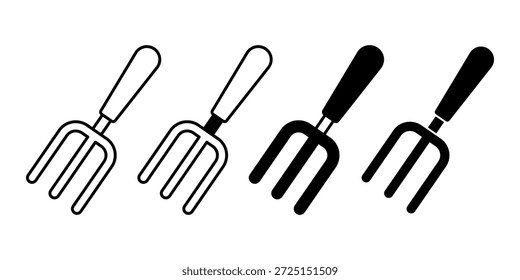 Paquete de iconos de tenedor de jardín negro que ilustra herramientas de cultivo de suelos para actividades de jardinería y paisajismo. Ideal para exteriores, agricultura y jardín doméstico.