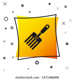 Black Garden fork icon isolated on white background. Pitchfork icon. Tool for horticulture, agriculture, farming. Yellow square button. Vector Illustration