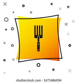 Black Garden fork icon isolated on white background. Pitchfork icon. Tool for horticulture, agriculture, farming. Yellow square button. Vector Illustration