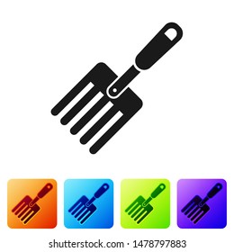 Black Garden fork icon isolated on white background. Pitchfork icon. Tool for horticulture, agriculture, farming. Set icon in color square buttons. Vector Illustration