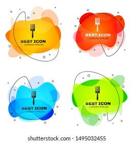 Black Garden fork icon isolated on white background. Pitchfork icon. Tool for horticulture, agriculture, farming. Set of liquid color abstract geometric shapes. Vector Illustration