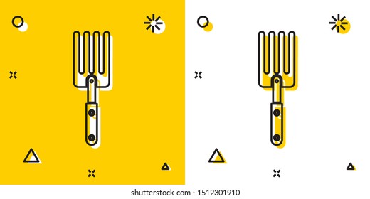 Black Garden fork icon isolated on yellow and white background. Pitchfork icon. Tool for horticulture, agriculture, farming. Random dynamic shapes. Vector Illustration