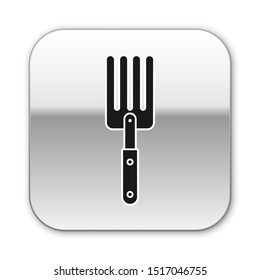 Black Garden fork icon isolated on white background. Pitchfork icon. Tool for horticulture, agriculture, farming. Silver square button. Vector Illustration