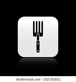 Black Garden fork icon isolated on black background. Pitchfork icon. Tool for horticulture, agriculture, farming. Silver square button. Vector Illustration