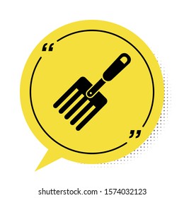 Black Garden fork icon isolated on white background. Pitchfork icon. Tool for horticulture, agriculture, farming. Yellow speech bubble symbol. Vector Illustration