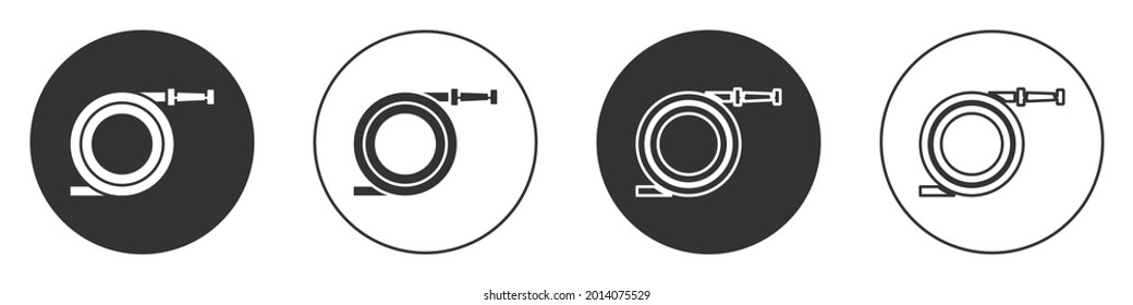 Black Garden Hose Or Fire Hose Icon Isolated On White Background. Spray Gun Icon. Watering Equipment. Circle Button. Vector Illustration