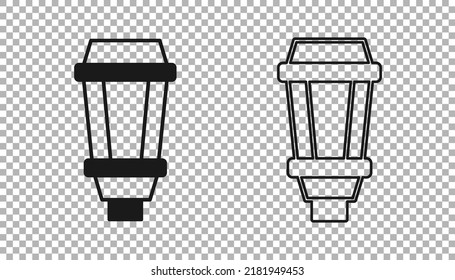 Black Garden light lamp icon isolated on transparent background. Solar powered lamp. Lantern. Street lamp.  Vector