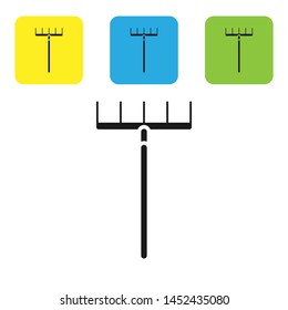 Black Garden rake icon isolated on white background. Tool for horticulture, agriculture, farming. Ground cultivator. Housekeeping equipment. Set icons colorful square buttons. Vector Illustration