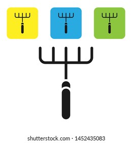 Black Garden rake icon isolated on white background. Tool for horticulture, agriculture, farming. Ground cultivator. Housekeeping equipment. Set icons colorful square buttons. Vector Illustration