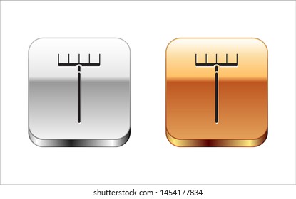 Black Garden rake icon isolated on white background. Tool for horticulture, agriculture, farming. Ground cultivator. Housekeeping equipment. Silver-gold square button. Vector Illustration