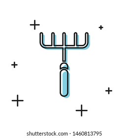 Black Garden rake icon isolated on white background. Tool for horticulture, agriculture, farming. Ground cultivator. Housekeeping equipment.  Vector Illustration