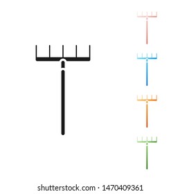 Black Garden rake icon isolated on white background. Tool for horticulture, agriculture, farming. Ground cultivator. Housekeeping equipment. Set icons colorful. Vector Illustration