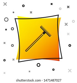 Black Garden rake icon isolated on white background. Tool for horticulture, agriculture, farming. Ground cultivator. Housekeeping equipment. Yellow square button. Vector Illustration