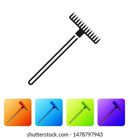 Black Garden rake icon isolated on white background. Tool for horticulture, agriculture, farming. Ground cultivator. Housekeeping equipment. Set icon in color square buttons. Vector Illustration