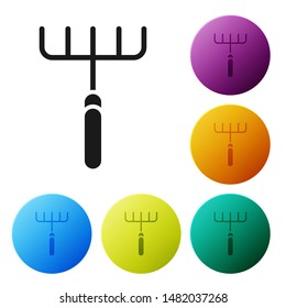 Black Garden rake icon isolated on white background. Tool for horticulture, agriculture, farming. Ground cultivator. Housekeeping equipment. Set icons colorful circle buttons. Vector Illustration
