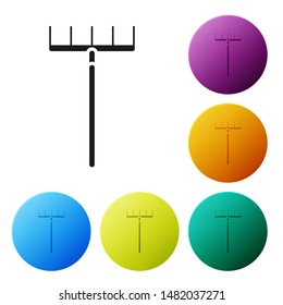 Black Garden rake icon isolated on white background. Tool for horticulture, agriculture, farming. Ground cultivator. Housekeeping equipment. Set icons colorful circle buttons. Vector Illustration