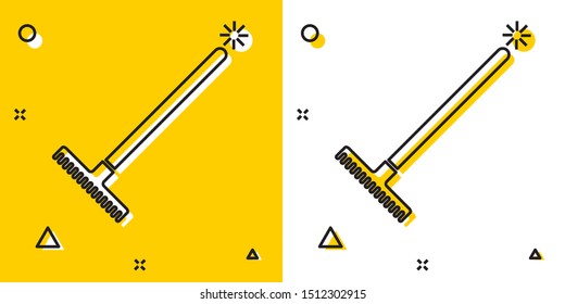 Black Garden rake icon isolated on yellow and white background. Tool for horticulture, agriculture, farming. Ground cultivator. Housekeeping equipment. Random dynamic shapes. Vector Illustration