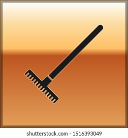 Black Garden rake icon isolated on gold background. Tool for horticulture, agriculture, farming. Ground cultivator. Housekeeping equipment.  Vector Illustration