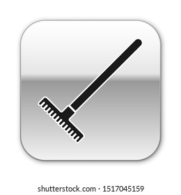 Black Garden rake icon isolated on white background. Tool for horticulture, agriculture, farming. Ground cultivator. Housekeeping equipment. Silver square button. Vector Illustration