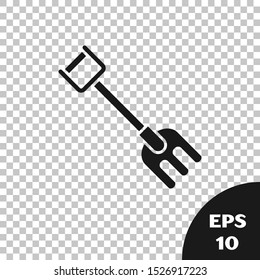 Black Garden rake icon isolated on transparent background. Tool for horticulture, agriculture, farming. Ground cultivator. Housekeeping equipment.  Vector Illustration