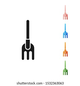 Black Garden rake icon isolated on white background. Tool for horticulture, agriculture, farming. Ground cultivator. Housekeeping equipment. Set icons colorful. Vector Illustration