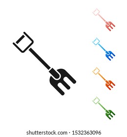Black Garden rake icon isolated on white background. Tool for horticulture, agriculture, farming. Ground cultivator. Housekeeping equipment. Set icons colorful. Vector Illustration