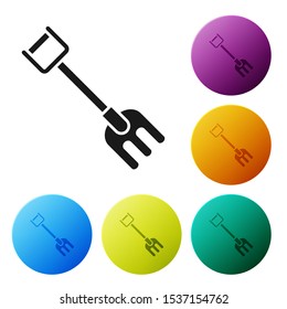 Black Garden rake icon isolated on white background. Tool for horticulture, agriculture, farming. Ground cultivator. Housekeeping equipment. Set icons colorful circle buttons. Vector Illustration