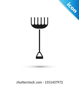 Black Garden rake icon isolated on white background. Tool for horticulture, agriculture, farming. Ground cultivator. Housekeeping equipment.  Vector Illustration