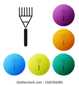 Black Garden rake icon isolated on white background. Tool for horticulture, agriculture, farming. Ground cultivator. Housekeeping equipment. Set icons colorful circle buttons. Vector Illustration