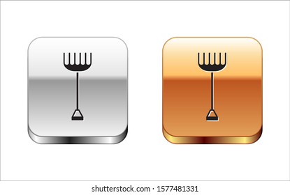 Black Garden rake icon isolated on white background. Tool for horticulture, agriculture, farming. Ground cultivator. Housekeeping equipment. Silver-gold square button. Vector Illustration
