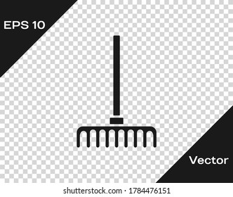 Black Garden rake icon isolated on transparent background. Tool for horticulture, agriculture, farming. Ground cultivator. Vector