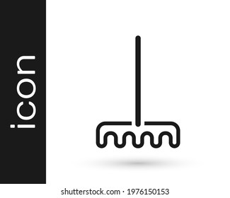 Black Garden rake icon isolated on white background. Tool for horticulture, agriculture, farming. Ground cultivator. Housekeeping equipment.  Vector